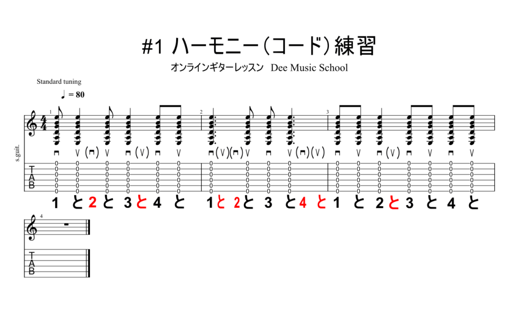 ギター初心者の練習方法-ハーモニー-パターン1-楽譜-TAB譜(タブ譜)