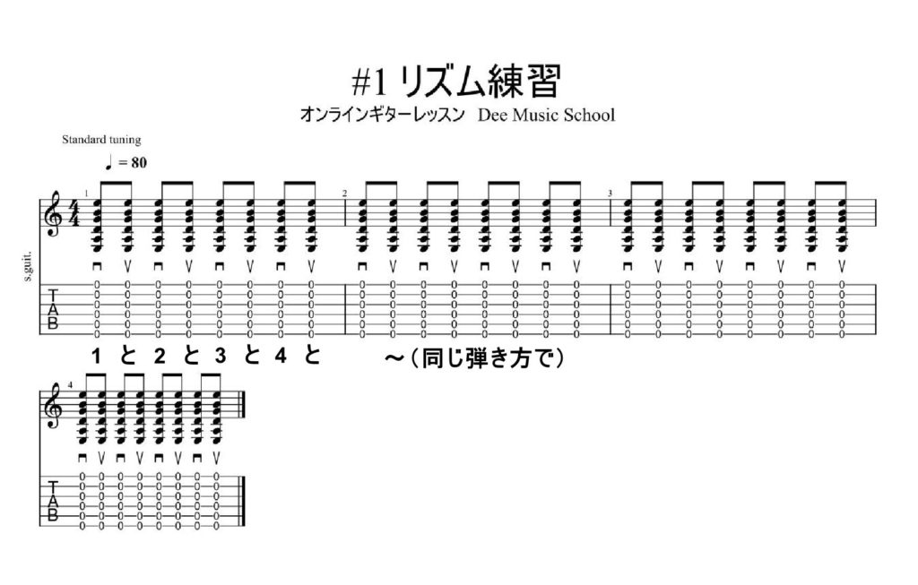 ギター初心者の練習方法-リズム-ストローク-パターン1-楽譜-TAB譜(タブ譜)