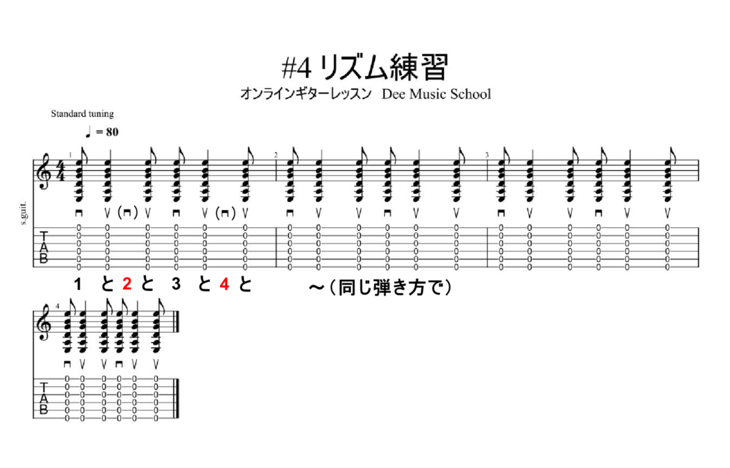 ギター初心者の練習方法-リズム-ストローク-パターン4-楽譜-TAB譜(タブ譜)