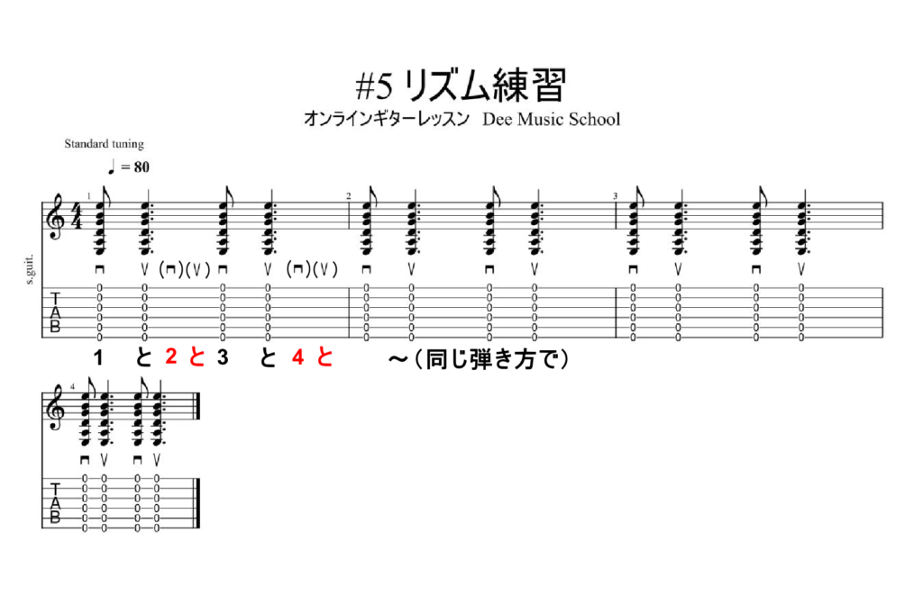 ギター初心者の練習方法-リズム-ストローク-パターン5-楽譜-TAB譜(タブ譜)