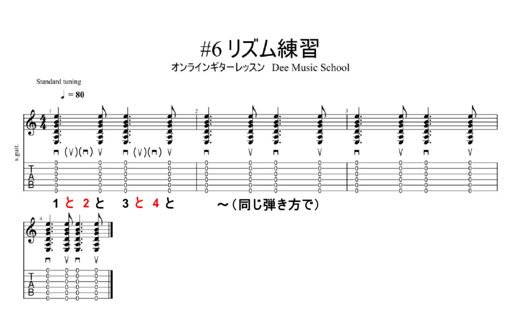 ギター初心者の練習方法-リズム-ストローク-パターン6-楽譜-TAB譜(タブ譜)